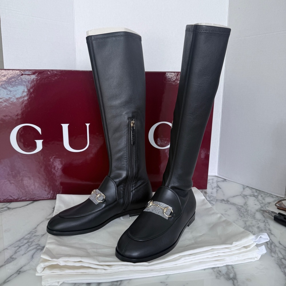Gucci Black Nappa Leather Horsebit Tall Knee High Boots 827860 Size 35.5
